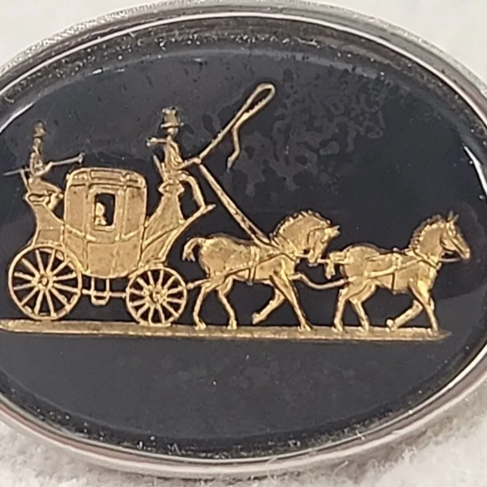 Cufflinks Silver Celluloid And Gold Colored Raised Metal Stagecoach Shields VNTG